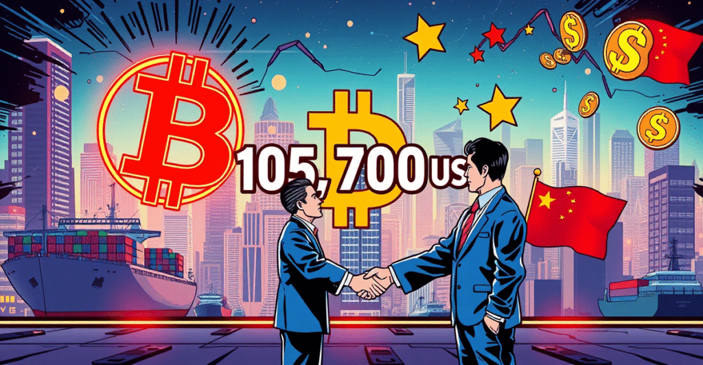 复古漫画风格插图中,比特币符号突破105,700美元大关,背景中美贸易休战象征性握手