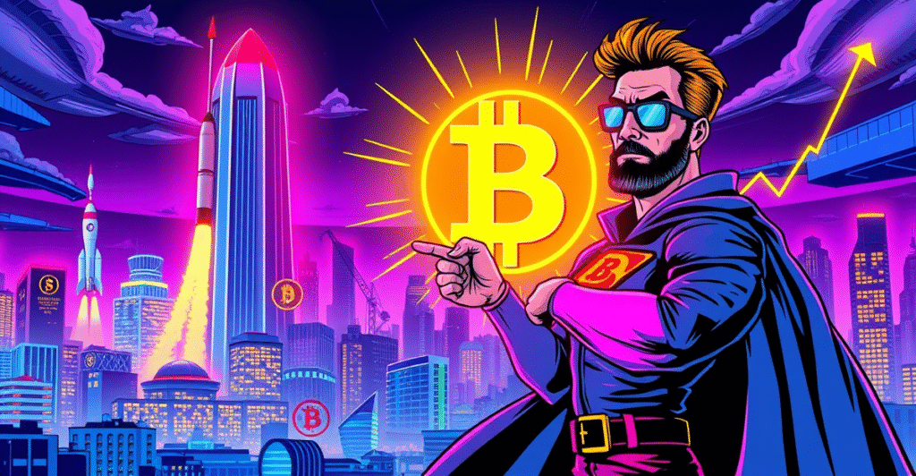 复古漫画风格封面展示比特币看涨信号，交易员指向发光的比特币符号，背景是未来城市和上升趋势图