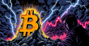 比特币符号在压力下裂开，交易员担忧地站在前景，背景是下跌的市场趋势图