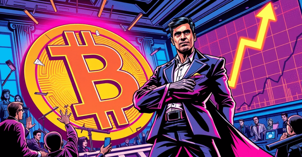Vivek Ramaswamy的Strive站在巨大的比特币标志前，背景是法庭和市场上升趋势图，象征比特币索赔的战略收购