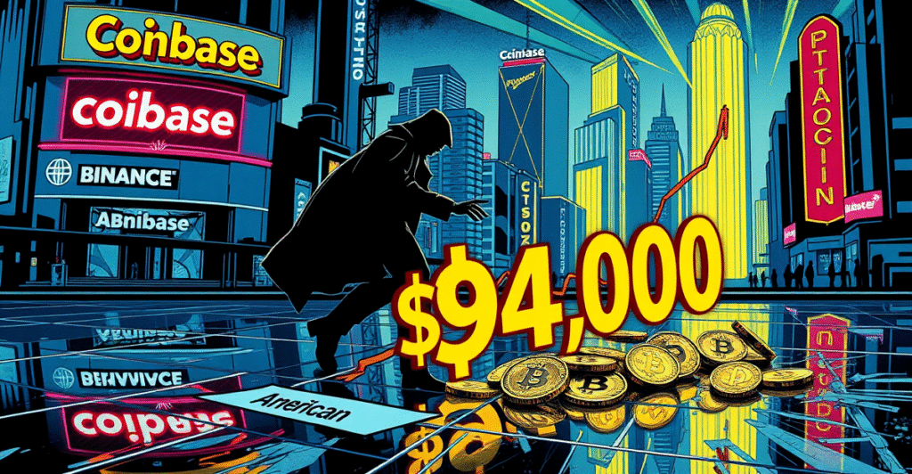 比特币Coinbase溢价指数转负,美国投资者情绪看跌的复古漫画风格插图