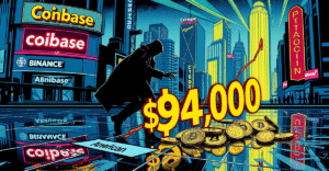 比特币Coinbase溢价指数转负，美国投资者情绪看跌的复古漫画风格插图