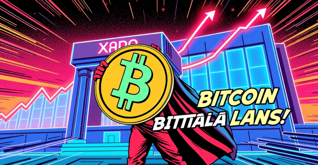 一位英雄人物手持比特币标志站在Xapo银行前，背景是上涨的比特币价格趋势图