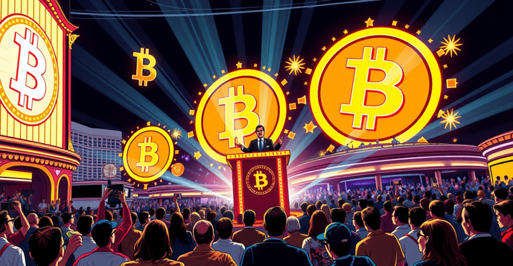2024年比特币大会复古漫画封面，展示行业领袖在拉斯维加斯威尼斯人酒店演讲，背景是比特币标志和兴奋的观众。
