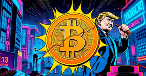 复古漫画风格封面展示比特币横盘整理，背景是唐纳德·特朗普和霓虹城市景观