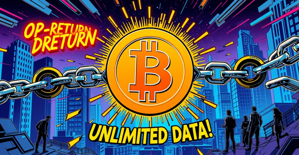 复古漫画风格封面展示比特币核心标志和断裂的数字链条,象征OP_RETURN限制的移除