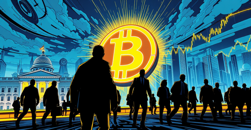 复古漫画风格插画展示比特币符号在霓虹灯下闪耀，背景为未来城市天际线，象征比特币需求增长