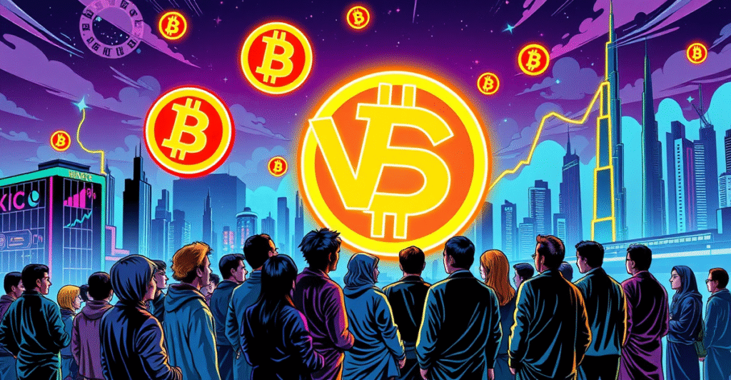 复古漫画风格封面展示比特币生态系统中的风险资本角色，背景为未来城市和上升趋势图