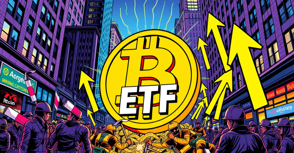 复古漫画风格封面展示巨大的比特币ETF标志,背景是华尔街繁忙场景,象征ETF购买量远超矿工产量。