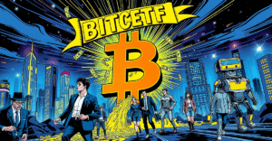 复古漫画风格封面展示比特币符号与流入的美元，象征ETF资金流入，背景为未来城市景观。