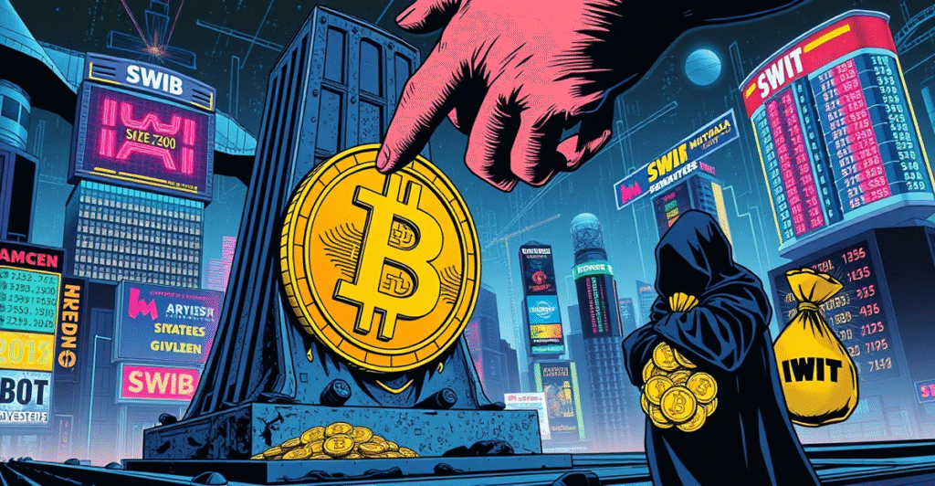 复古漫画风格插图展示威斯康星州投资委员会清仓比特币ETF，背景为金融市场城市景观