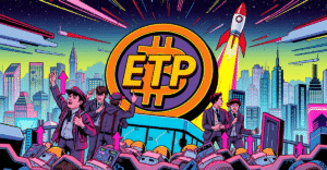 复古漫画风格封面展示巨大的比特币ETP标志，周围是看涨的交易员和未来城市天际线