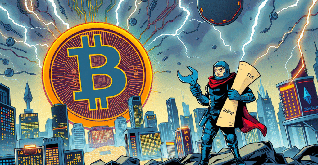 复古漫画风格封面展示比特币与EVM结合的未来城市景观,象征Web3开发的创新解决方案