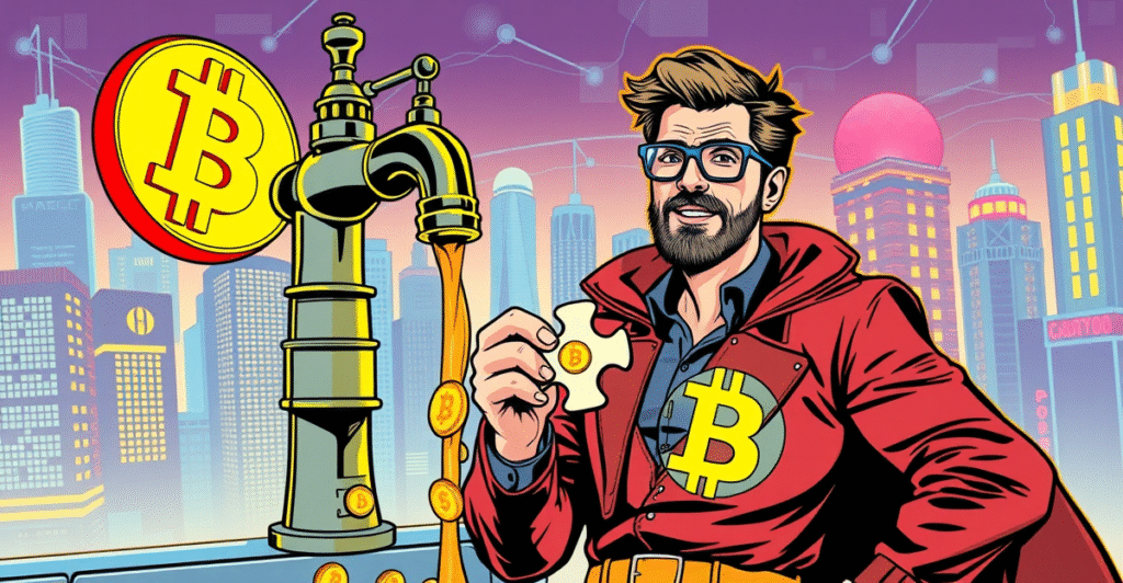 Charlie Shrem站在巨大的比特币水龙头前，背景是霓虹灯照亮的城市景观，象征着加密货币的早期魅力与未来。