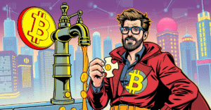 Charlie Shrem站在巨大的比特币水龙头前，背景是霓虹灯照亮的城市景观，象征着加密货币的早期魅力与未来。