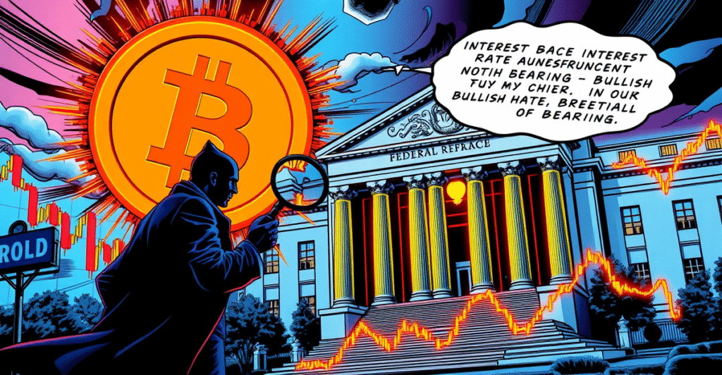 复古漫画风格封面展示比特币符号与美联储大楼的对峙,象征市场波动性加剧