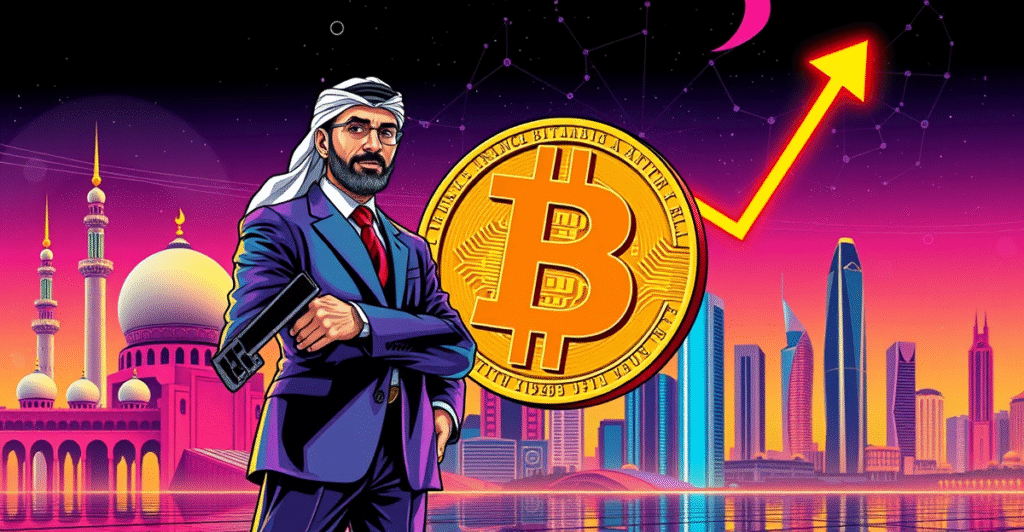 巴林餐饮巨头站在巨大的比特币标志前，背景是巴林天际线和上升的市场趋势图，象征比特币财务战略的采纳