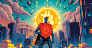 未来城市景观中巨大的比特币符号，象征着比特币超越数字黄金的进化叙事