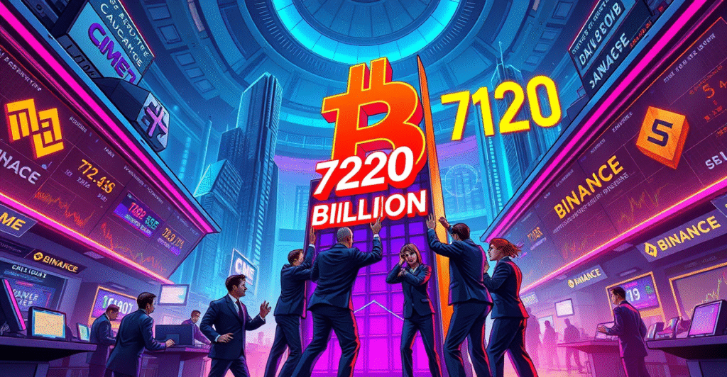 复古漫画风格插图展示机构投资者推动比特币期货未平仓合约创纪录，背景是CME和Binance的交易场景。