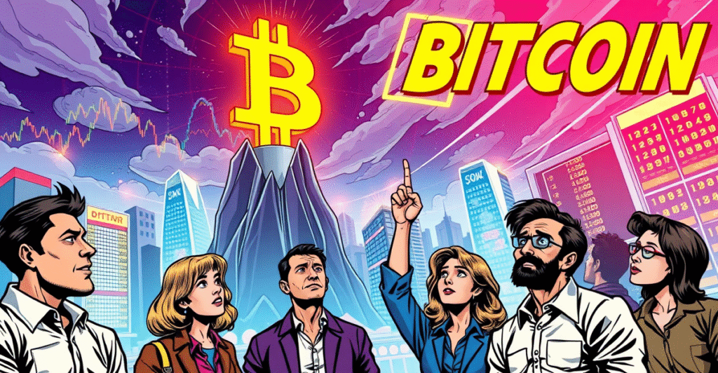 复古漫画风格插图展示比特币符号冲向历史最高价,背景是霓虹灯下的金融市场图表