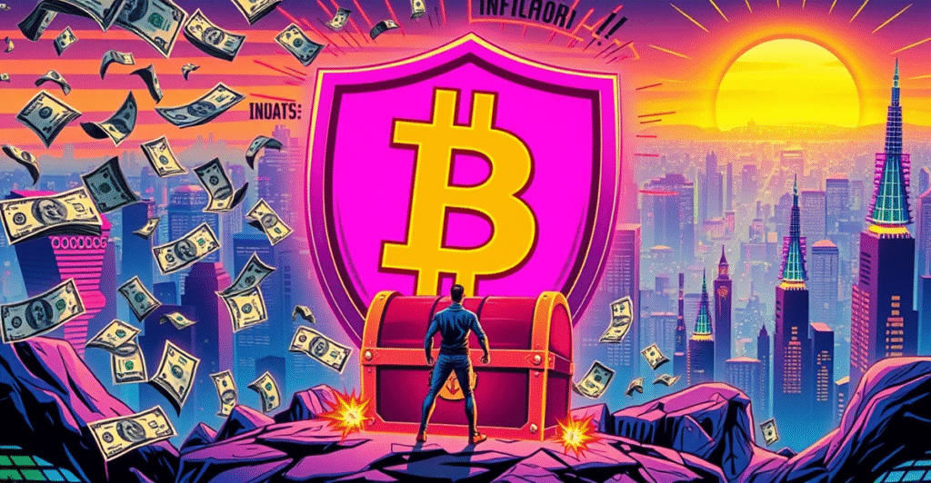 比特币作为通胀对冲工具的复古漫画封面，展示比特币符号保护财富免受通胀风暴侵袭