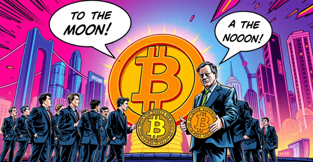 复古漫画风格封面展示机构投资者围绕巨大比特币符号,象征比特币机构积累对市场的影响