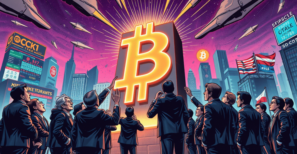 复古漫画风格封面展示机构投资者争夺发光的比特币符号，散户投资者在一旁观望