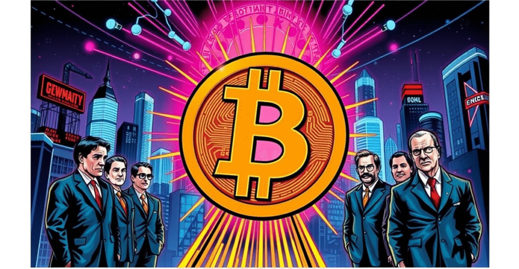 复古漫画风格封面展示比特币符号被机构和政府人物围绕，象征比特币的机构化转变