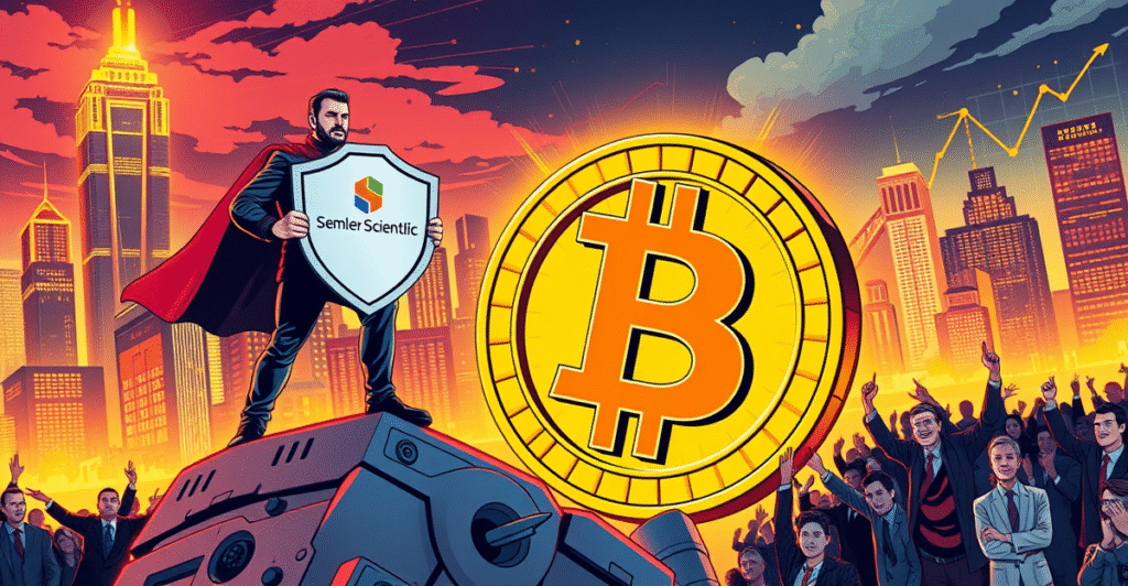 一名投资者站在巨大的比特币符号上，背景是霓虹灯照亮的未来城市天际线，象征着Semler Scientific的比特币投资策略。