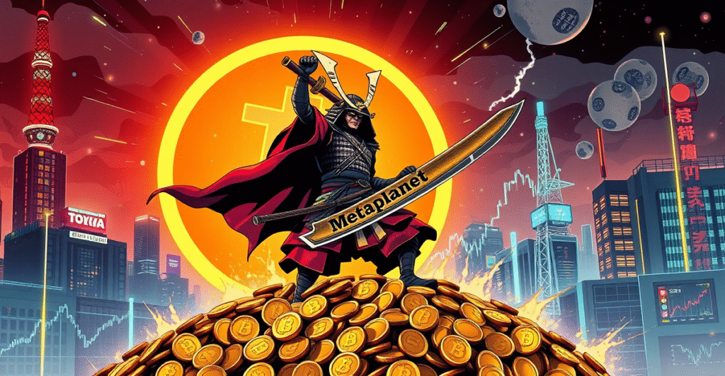 日本武士站在比特币符号前，象征Metaplanet成为比特币投资的全球领导者