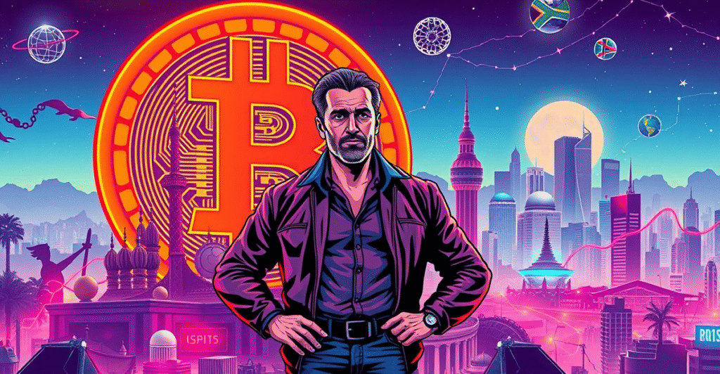 David Bailey站在巨大的比特币标志前，背景是全球地标，象征Nakamoto比特币投资公司的全球战略