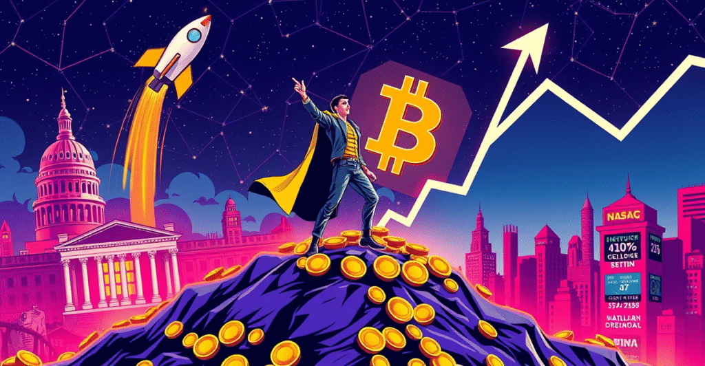 英雄人物站在金币山上，手持巨大的比特币符号，背景是未来城市和上升的火箭，象征比特币投资的长期回报