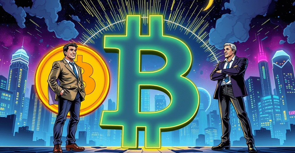 Michael Saylor和健康科技公司高管站在巨大的比特币符号两侧，背景是未来城市景观，象征不同的比特币投资策略。