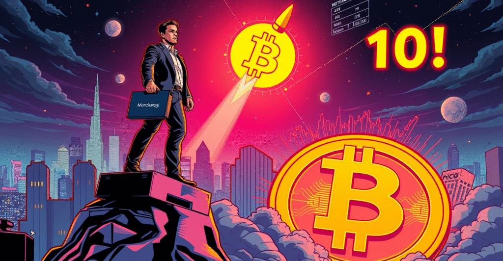 Michael Saylor站在巨大的比特币符号上，背景是未来城市天际线和上升的火箭，象征比特币价格突破10万美元