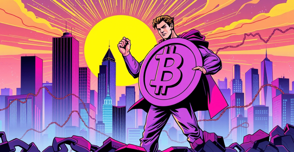 一位英雄人物手持比特币标志站在城市天际线前，象征比特币借贷的增长