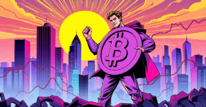 一位英雄人物手持比特币标志站在城市天际线前，象征比特币借贷的增长