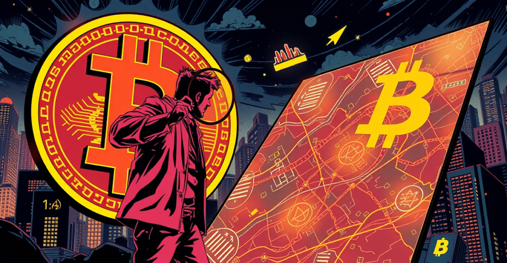 一名交易员站在发光的比特币符号前，审视显示爆仓热点的地图，背景是霓虹灯下的未来城市天际线