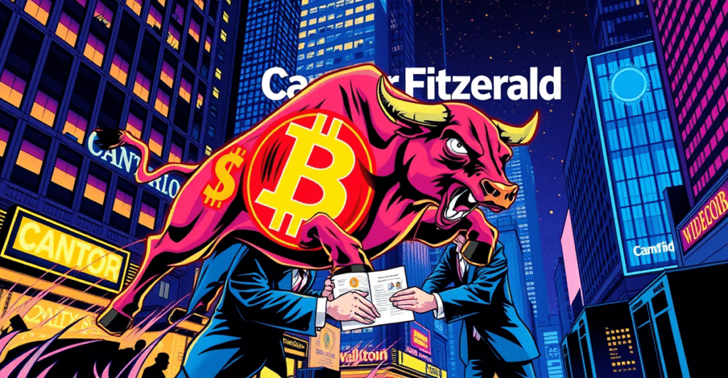 华尔街公牛由比特币符号构成,背景是Cantor Fitzgerald的标志,象征首笔比特币贷款交易的完成
