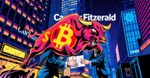 华尔街公牛由比特币符号构成，背景是Cantor Fitzgerald的标志，象征首笔比特币贷款交易的完成