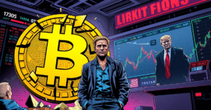 James Wynn站在破裂的比特币符号前，背景是下跌的市场趋势图，象征着他的巨额损失