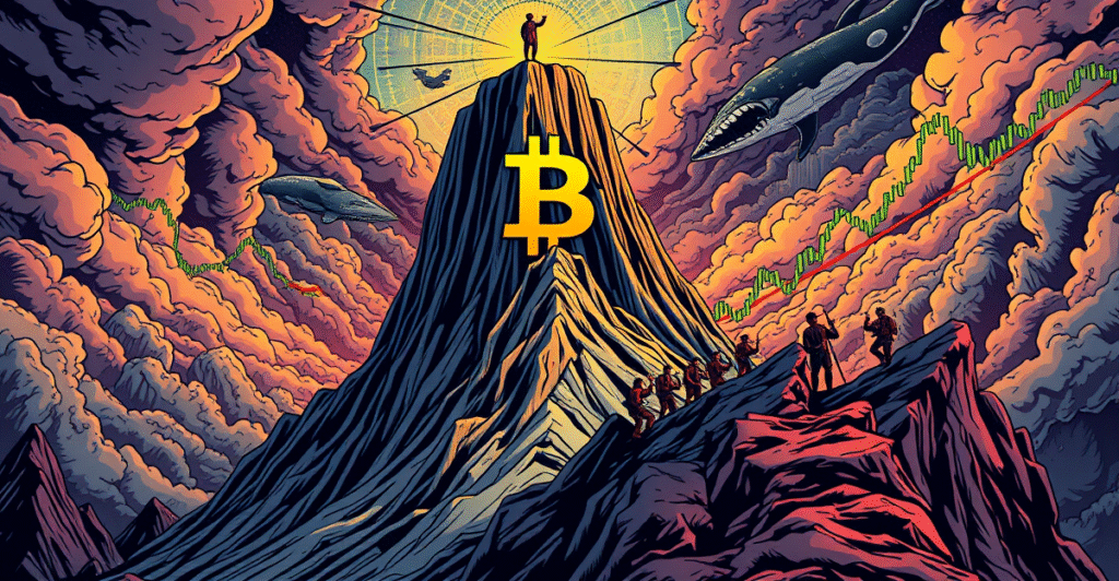 复古漫画风格插图展示比特币符号位于山顶，周围环绕着金融图表和指标，象征比特币市场周期顶部的挑战。