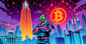 复古漫画风格封面展示比特币市场动态，交易员站在发光的比特币标志前，背景是数字城市和上涨的市场图表