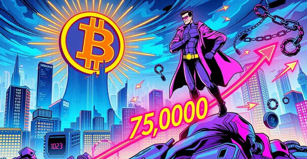 复古漫画风格插图展示比特币市场动态,交易员站在上涨趋势图前,背景是霓虹城市景观