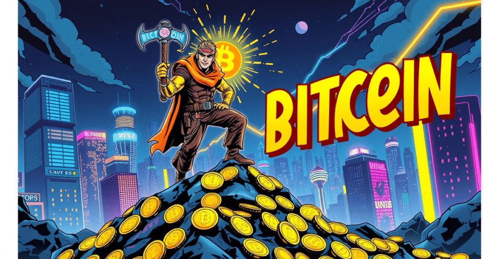 比特币矿工站在金币堆上,背景是霓虹灯未来城市,象征市场乐观趋势