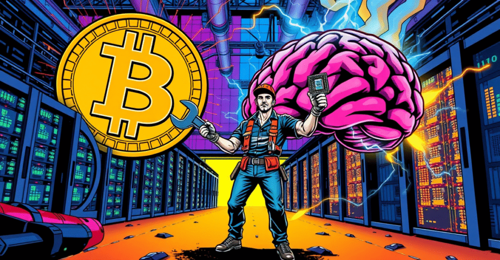 复古漫画风格插图展示比特币矿商转向AI，背景是高性能计算设施和数字转型象征