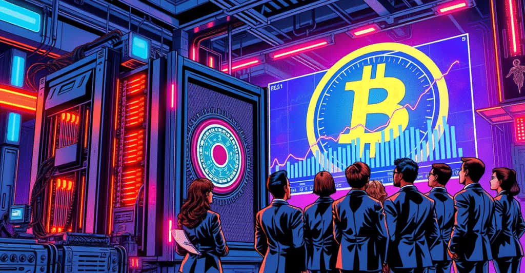 复古漫画风格插图展示机构投资者围绕发光比特币挖矿设备,背景是上升的市场趋势图