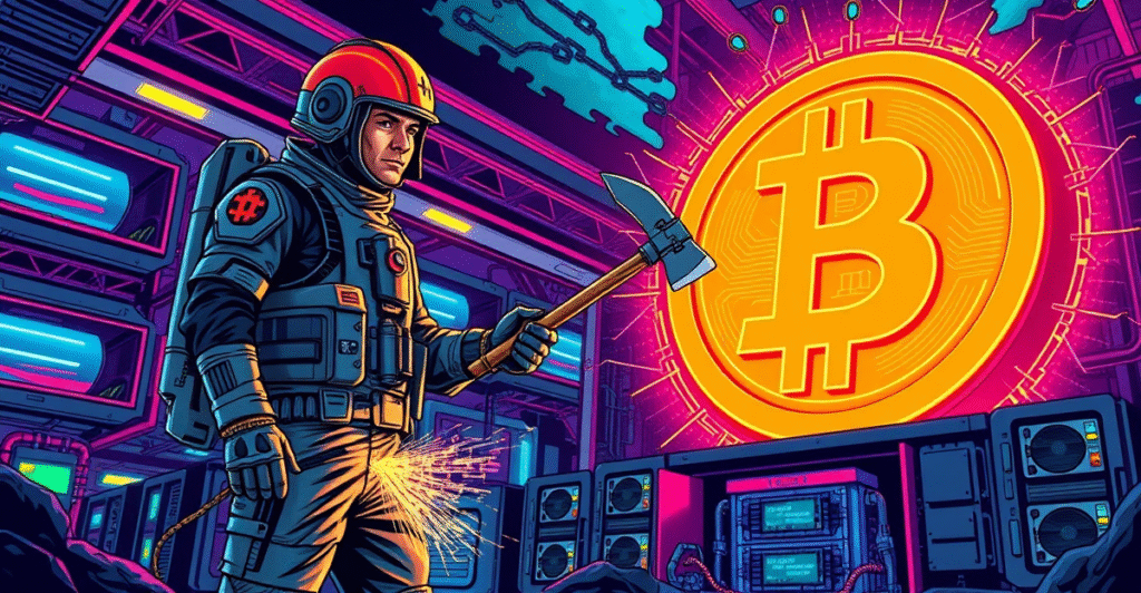 一名未来矿工站在发光的比特币符号前，背景是高科技挖矿设施和区块链数字链条