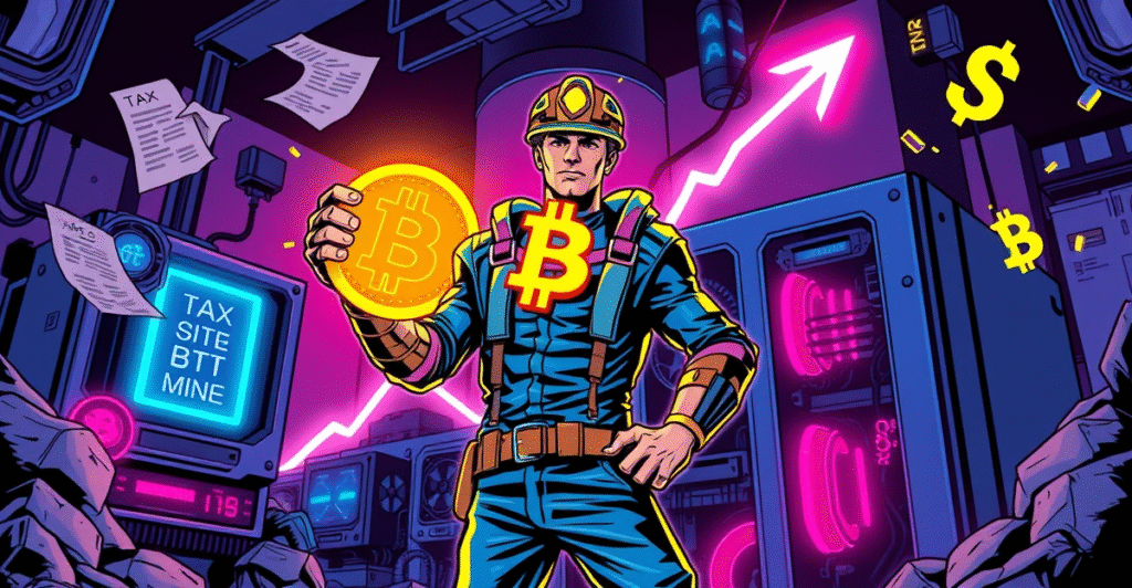 复古漫画风格的比特币矿工站在发光比特币标志前，背景是上升的价格图表和税收文件符号