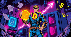 复古漫画风格的比特币矿工站在发光比特币标志前，背景是上升的价格图表和税收文件符号