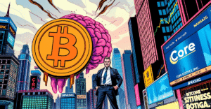 Core Scientific Inc. 从比特币挖矿向AI转型的复古漫画风格插图，背景是纳斯达克股市行情。